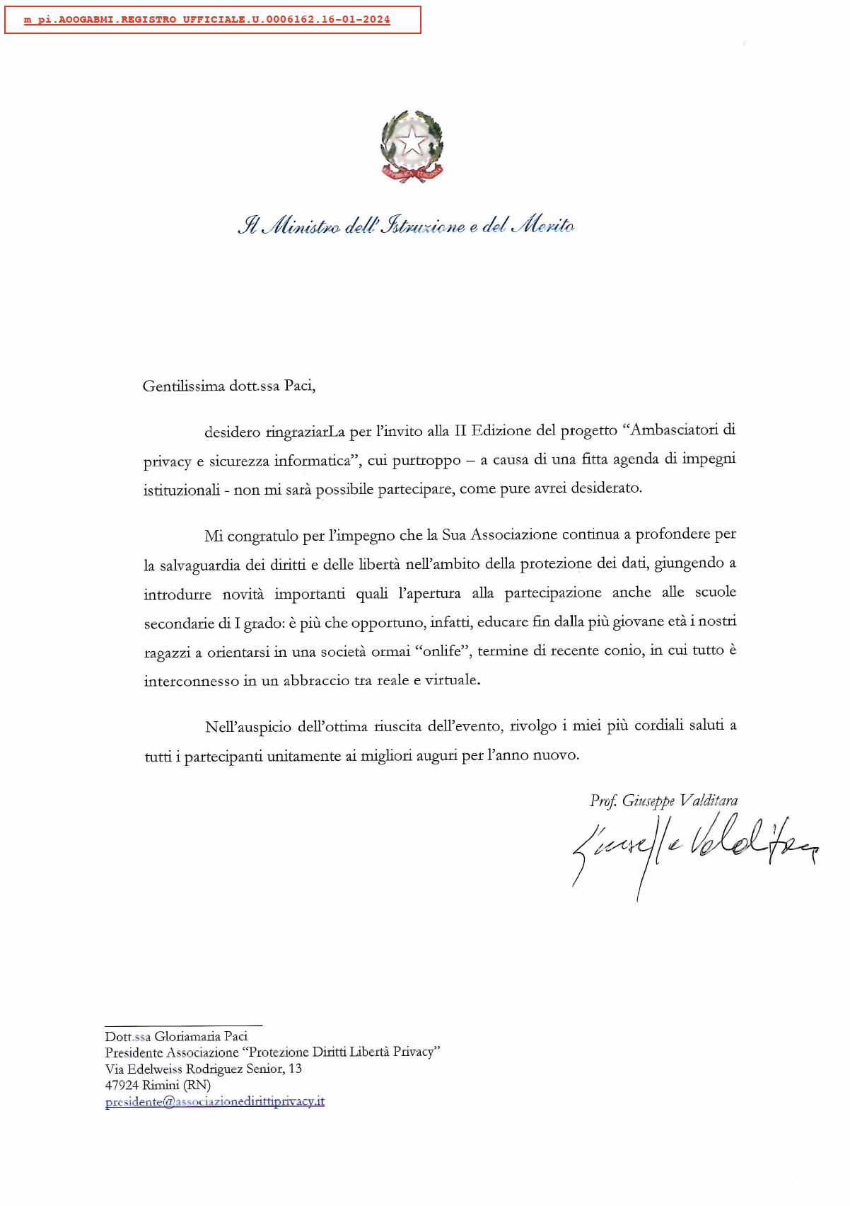 Lettera del Ministro dell’ Istruzione e del Merito Prof. Giuseppe Valditara